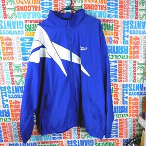 Vintage Reebok Windbreaker Size 2XL Blue White Big Shoulder Logo 90s Kamikaze